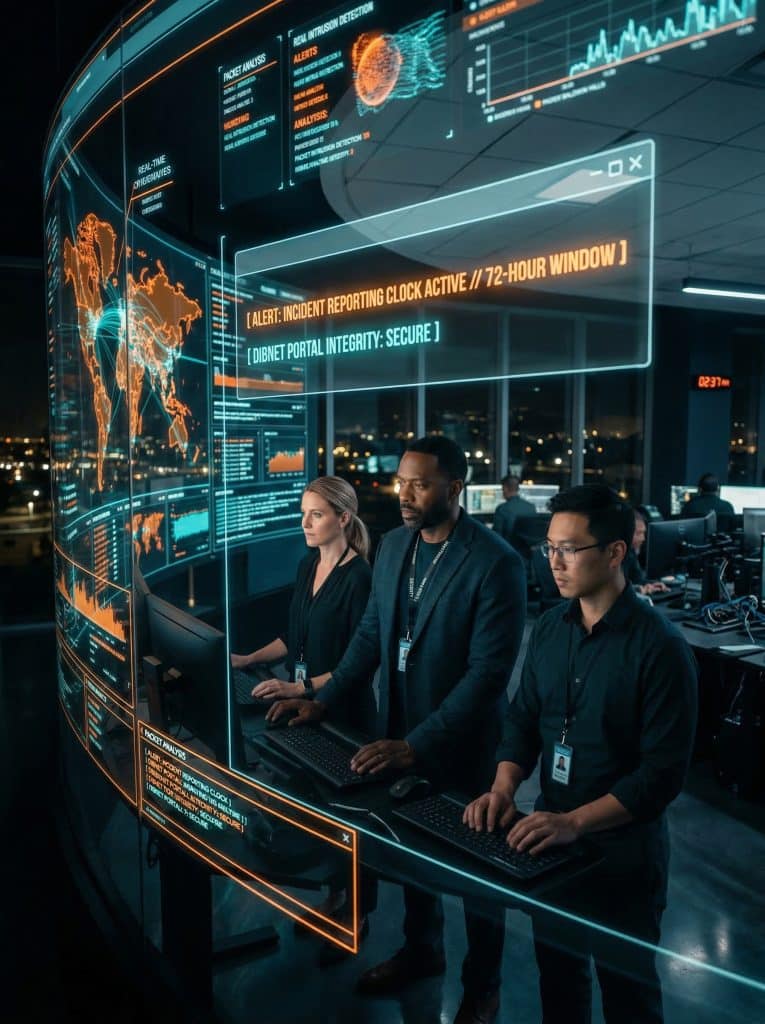 Cybersecurity operations team walking through high-tech command center near Culver City, CA with digital threat intelligence dashboards in the background