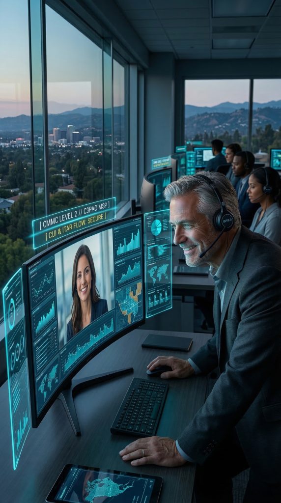 MSP for Defense Contractors professional monitoring CMMC Level 2 compliance in high-tech operations center with multiple screens and team collaboration
