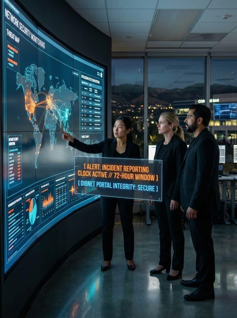 Cybersecurity operations team walking through high-tech command center near Diamond Bar, CA with digital threat intelligence dashboards in the background