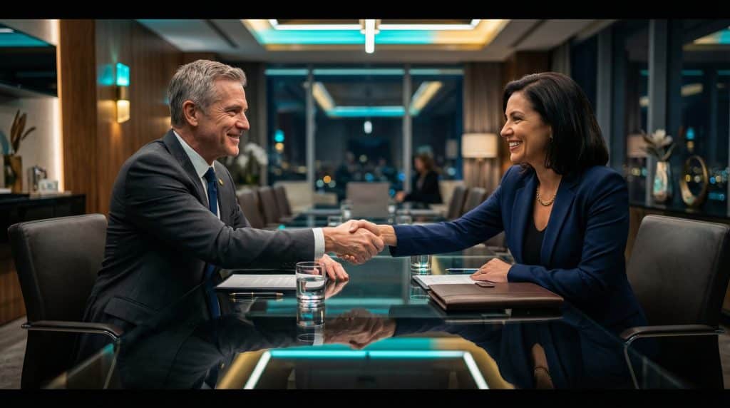 Two professional executives shaking hands across a modern boardroom table, finalizing a secure Microsoft GCC High and CMMC cybersecurity partnership with Brea Networks in Pick City, ND.