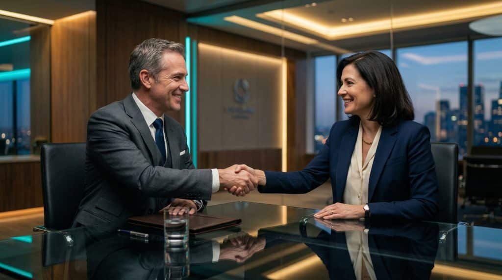 Two professional executives shaking hands across a modern boardroom table, finalizing a secure Microsoft GCC High and CMMC cybersecurity partnership with Brea Networks in Torrance, CA.