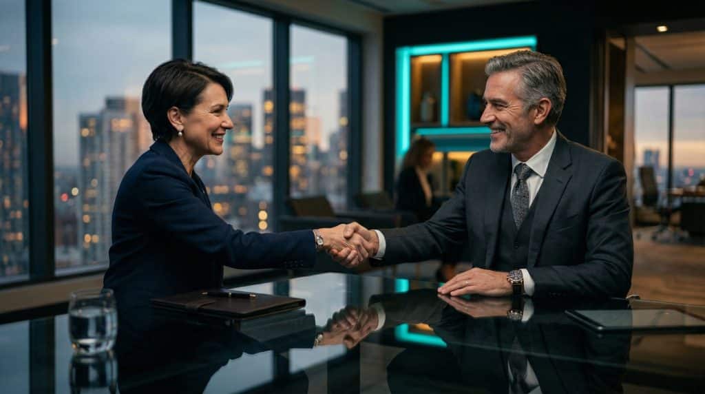 Two professional executives shaking hands across a modern boardroom table, finalizing a secure Microsoft GCC High and CMMC cybersecurity partnership with Brea Networks in Tucson, AZ.