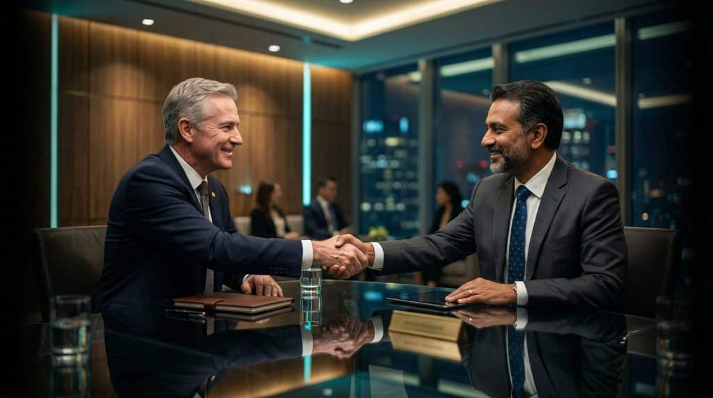 Two professional executives shaking hands across a modern boardroom table, finalizing a secure Microsoft GCC High and CMMC cybersecurity partnership with Brea Networks in Tustin, CA.