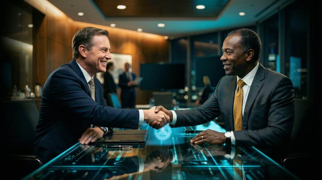 Two professional executives shaking hands across a modern boardroom table, finalizing a secure Microsoft GCC High and CMMC cybersecurity partnership with Brea Networks in West Covina, CA.