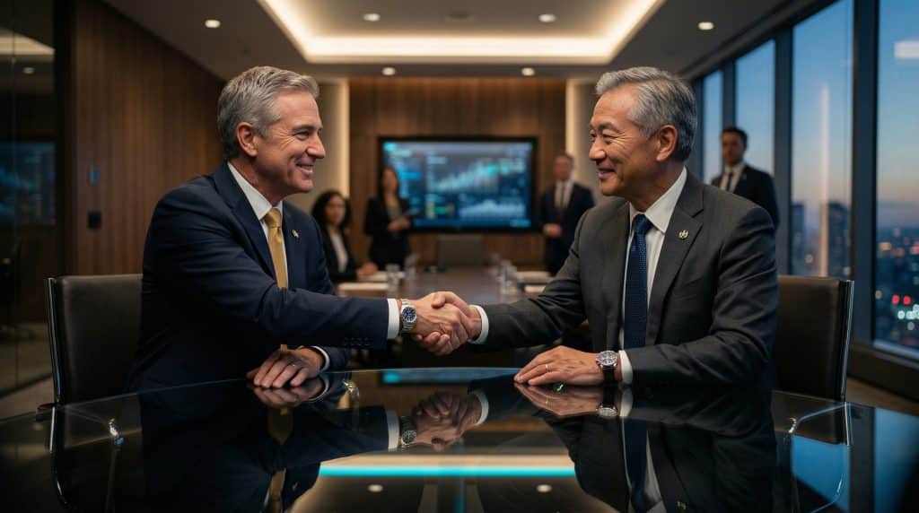 Two professional executives shaking hands across a modern boardroom table, finalizing a secure Microsoft GCC High and CMMC cybersecurity partnership with Brea Networks in Westminster, CA.