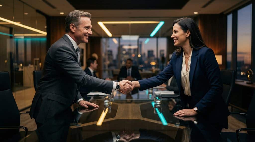 Two professional executives shaking hands across a modern boardroom table, finalizing a secure Microsoft GCC High and CMMC cybersecurity partnership with Brea Networks in Whittier, CA.