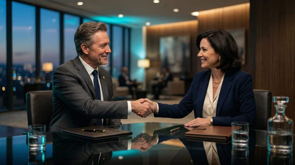 Two professional executives shaking hands across a modern boardroom table, finalizing a secure Microsoft GCC High and CMMC cybersecurity partnership with Brea Networks in Yorba Linda, CA.